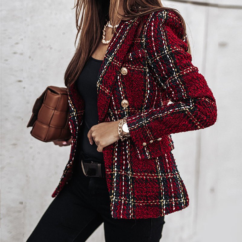 Ysabeline | Chique geruite tweedblazer voor dames – Elegant getailleerd jasje met gouden knopen