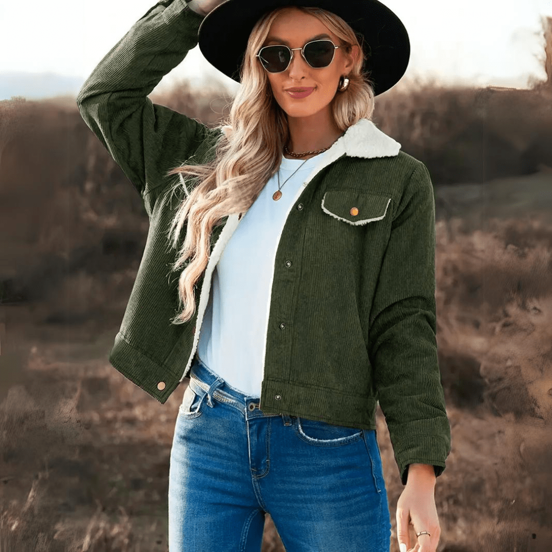 Edna |  Corduroy cropped jasje, gevoerd met sherpa, warm en comfortabel, winterjas voor laagjeslook