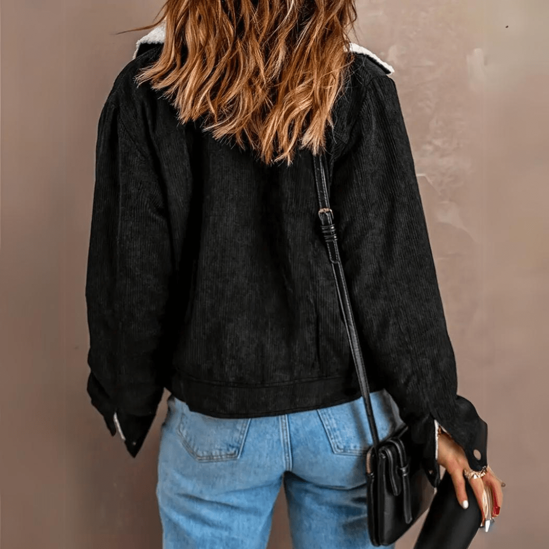 Edna |  Corduroy cropped jasje, gevoerd met sherpa, warm en comfortabel, winterjas voor laagjeslook