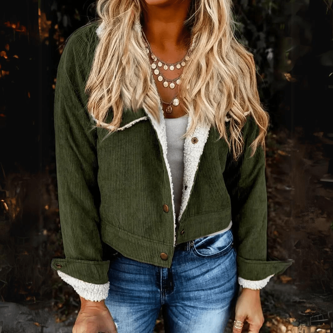 Edna |  Corduroy cropped jasje, gevoerd met sherpa, warm en comfortabel, winterjas voor laagjeslook