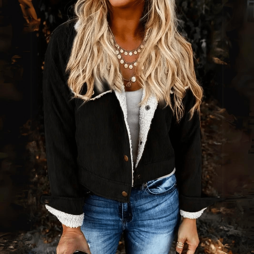 Edna |  Corduroy cropped jasje, gevoerd met sherpa, warm en comfortabel, winterjas voor laagjeslook