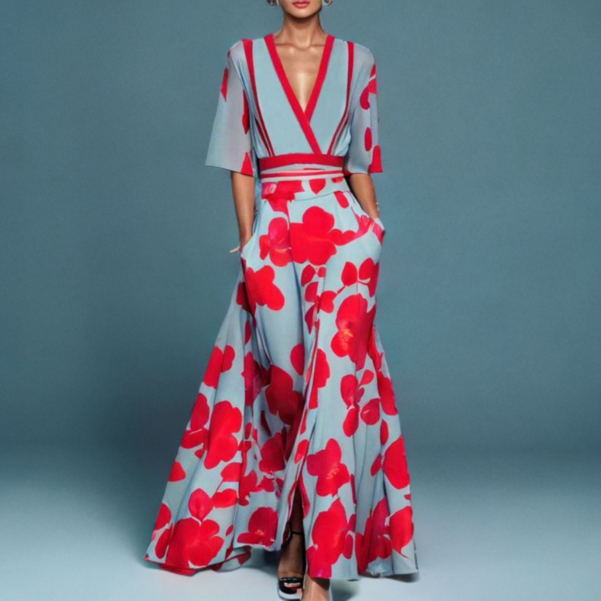 Majken | Elegante V-hals Maxi jurk - Korte mouwen, vloeiende formele avondjurk