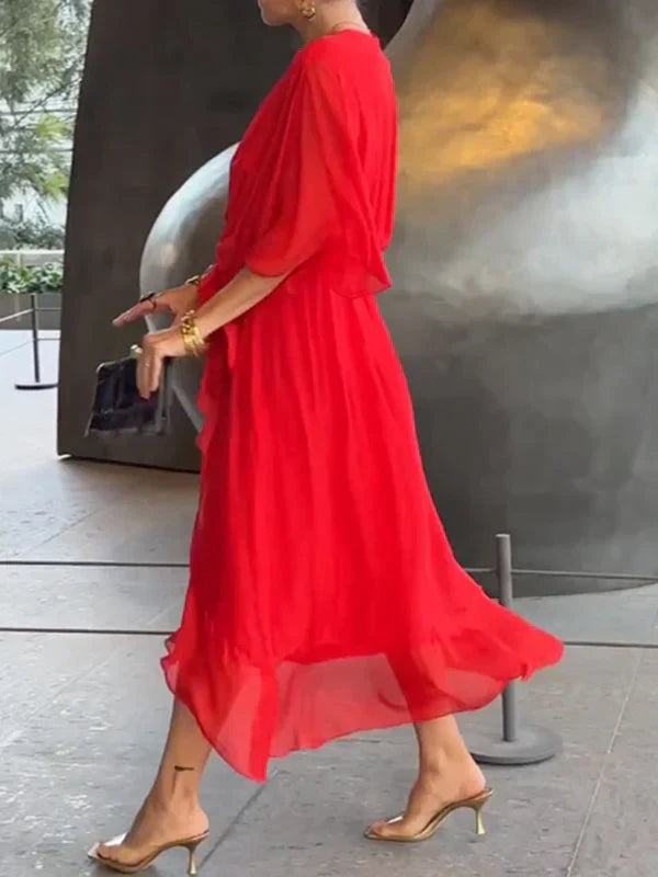 Ylva | Losse, vloeiende chiffon jurk met V-hals en strikceintuur voor dames