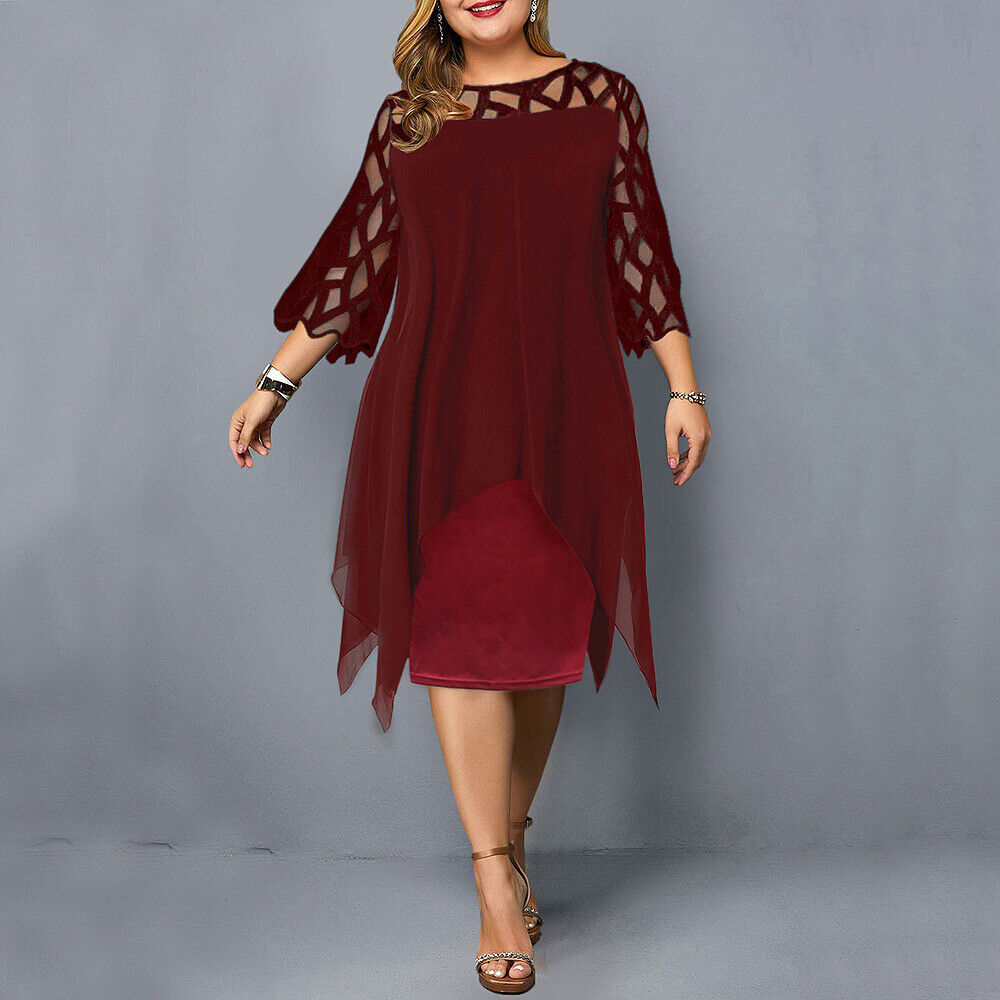 Nola | Plus Size Kanten Midi Avondjurk - 3/4 Mouwen, Uitgehold, Asymmetrische Hem