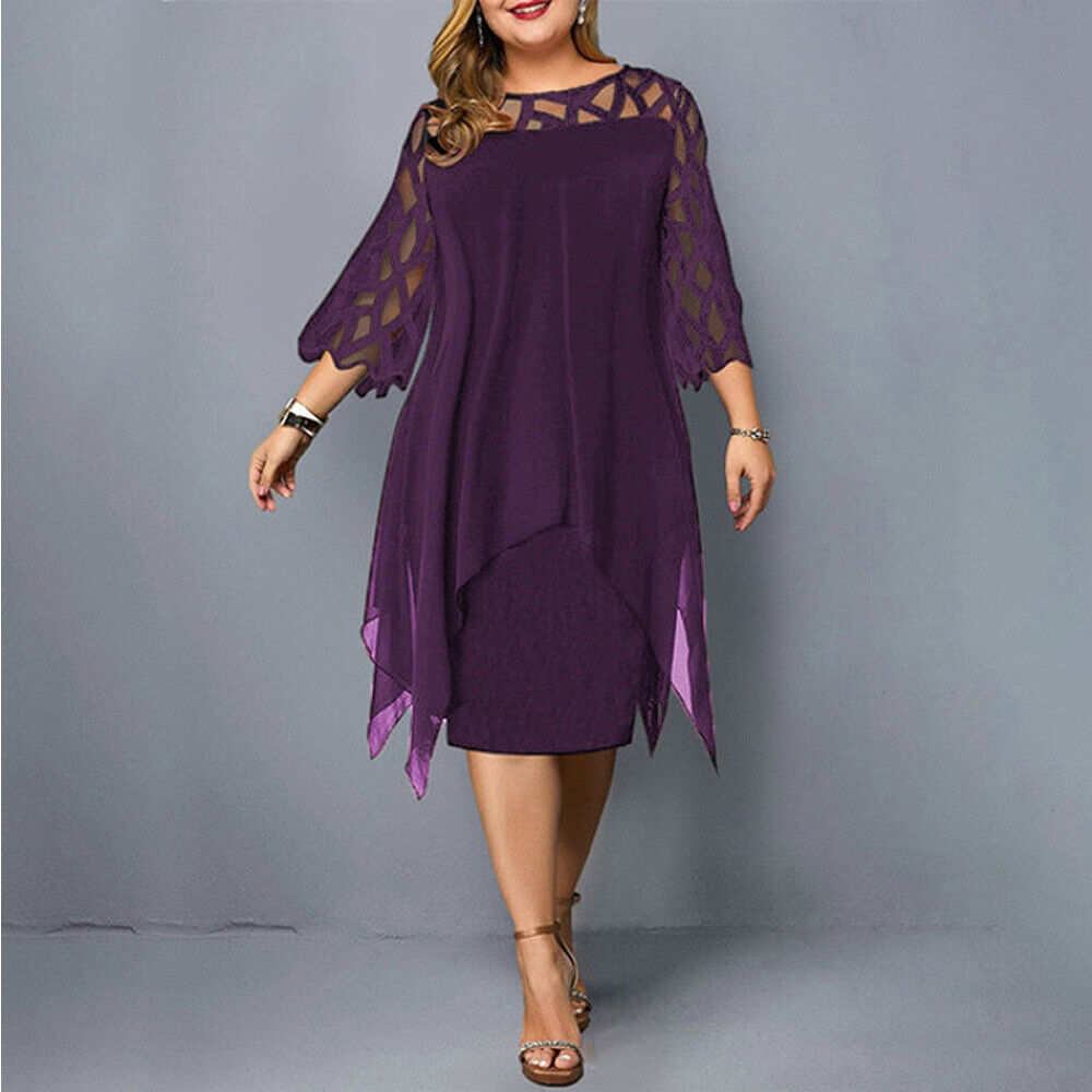 Nola | Plus Size Kanten Midi Avondjurk - 3/4 Mouwen, Uitgehold, Asymmetrische Hem
