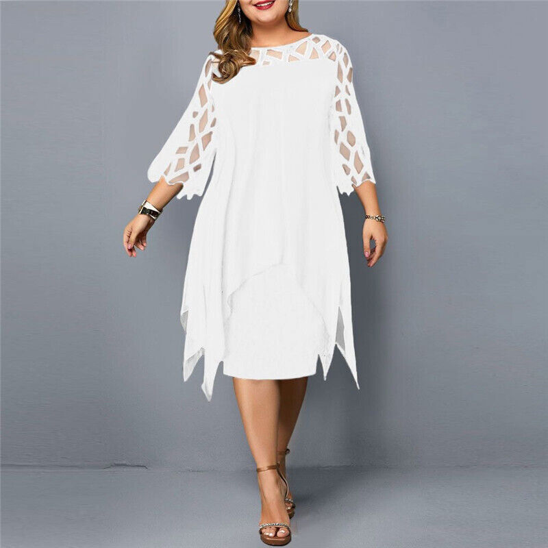 Nola | Plus Size Kanten Midi Avondjurk - 3/4 Mouwen, Uitgehold, Asymmetrische Hem