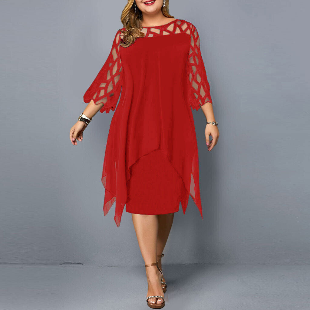 Nola | Plus Size Kanten Midi Avondjurk - 3/4 Mouwen, Uitgehold, Asymmetrische Hem