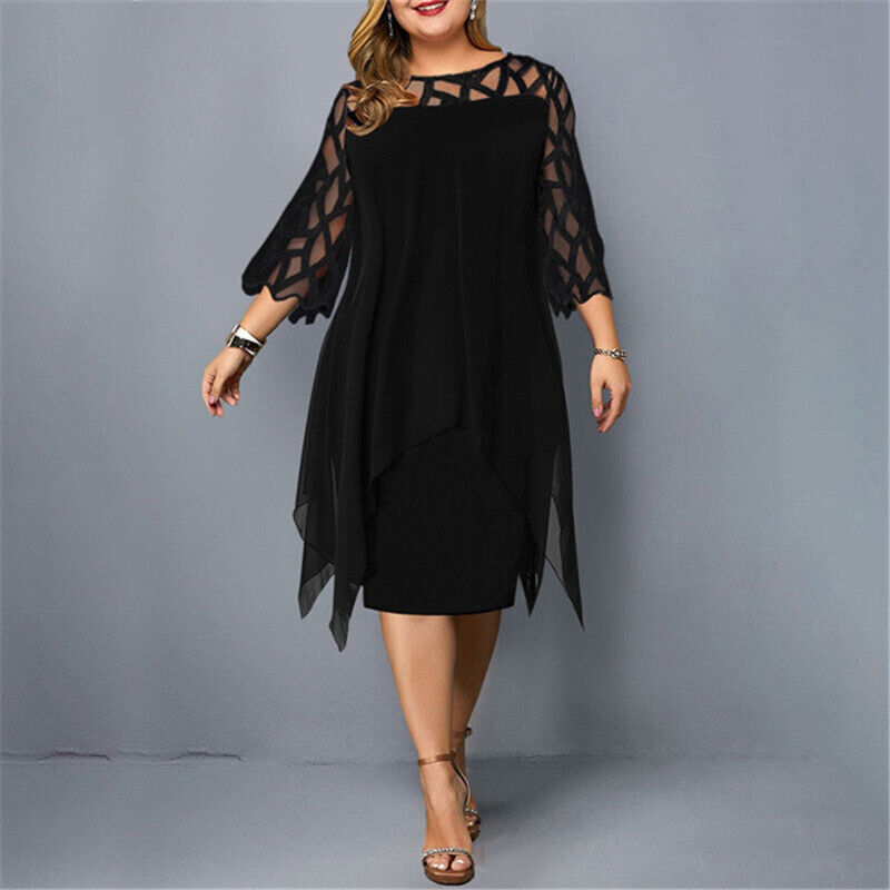 Nola | Plus Size Kanten Midi Avondjurk - 3/4 Mouwen, Uitgehold, Asymmetrische Hem