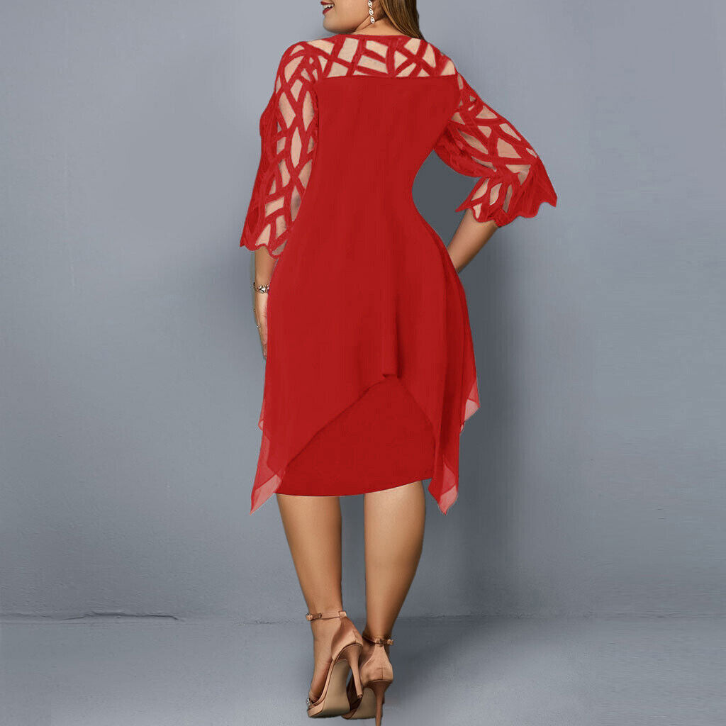 Nola | Plus Size Kanten Midi Avondjurk - 3/4 Mouwen, Uitgehold, Asymmetrische Hem