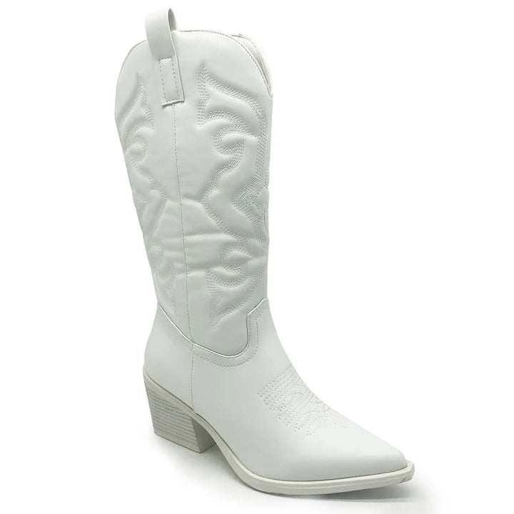 ChicRanch | Dames Witte Cowboylaarzen – Western Boots, Mid-Heel, PU Leer, Modieus & Comfortabel