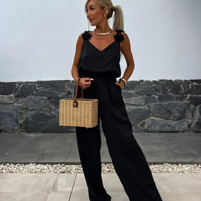 Oaklyn | Dames Jumpsuit zonder mouwen en wijde pijpen - Elegant bloemendetail op de schouders