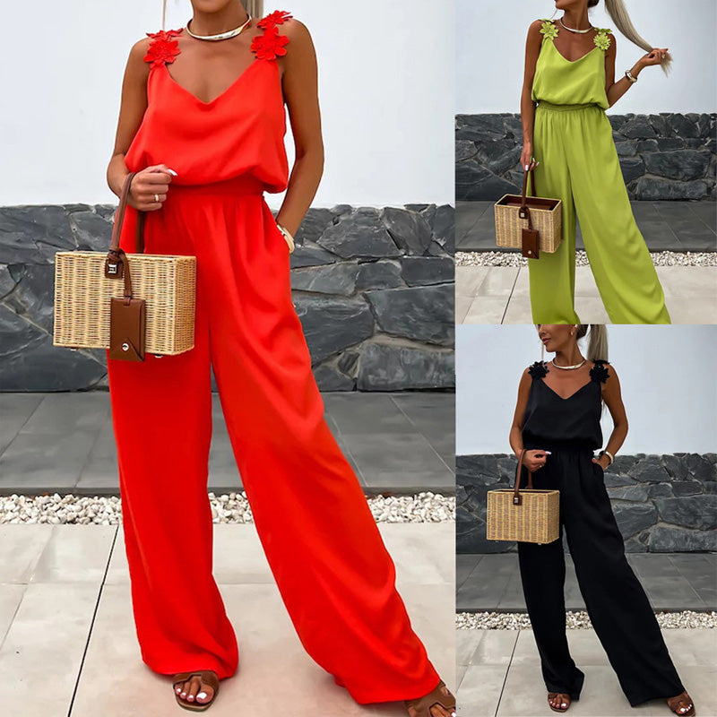 Oaklyn | Dames Jumpsuit zonder mouwen en wijde pijpen - Elegant bloemendetail op de schouders