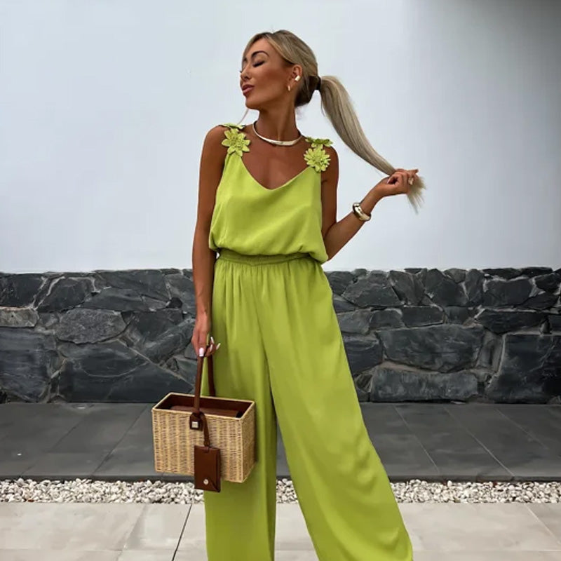 Oaklyn | Dames Jumpsuit zonder mouwen en wijde pijpen - Elegant bloemendetail op de schouders