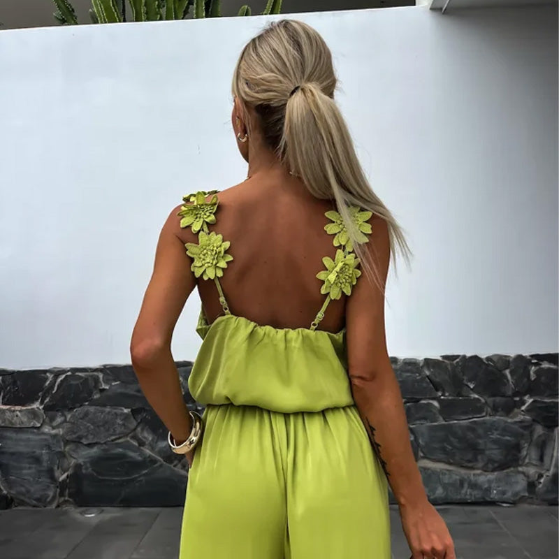Oaklyn | Dames Jumpsuit zonder mouwen en wijde pijpen - Elegant bloemendetail op de schouders