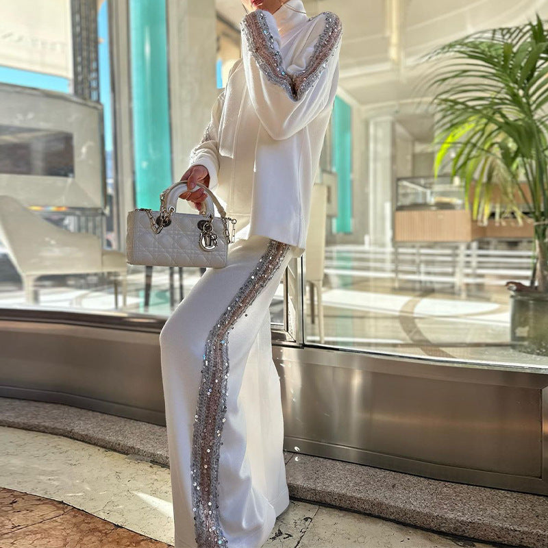 Jalea | Damesmode 2-delig pak met pailletten – Top met hoge hals en wijde broek, loszittende feestoutfit