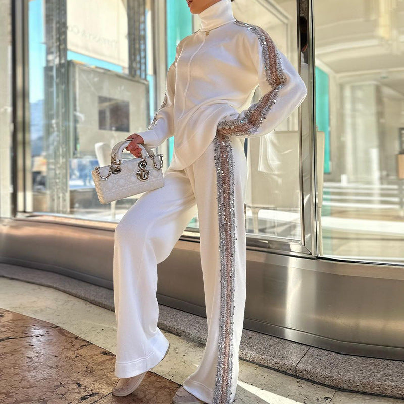 Jalea | Damesmode 2-delig pak met pailletten – Top met hoge hals en wijde broek, loszittende feestoutfit