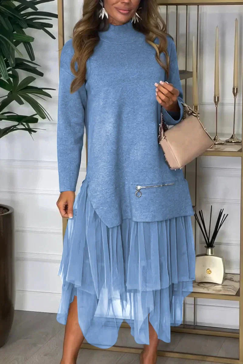 Flavienne | Casual damesjurk met lange mouwen en fijnmazige rok - herfstmode effen kleur Midaxi