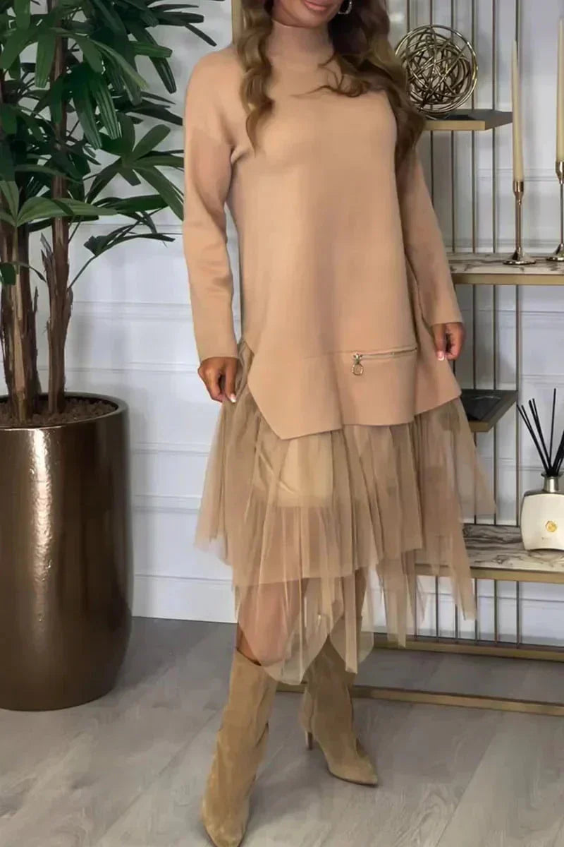 Flavienne | Casual damesjurk met lange mouwen en fijnmazige rok - herfstmode effen kleur Midaxi