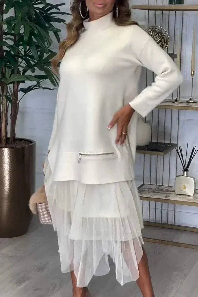 Flavienne | Casual damesjurk met lange mouwen en fijnmazige rok - herfstmode effen kleur Midaxi