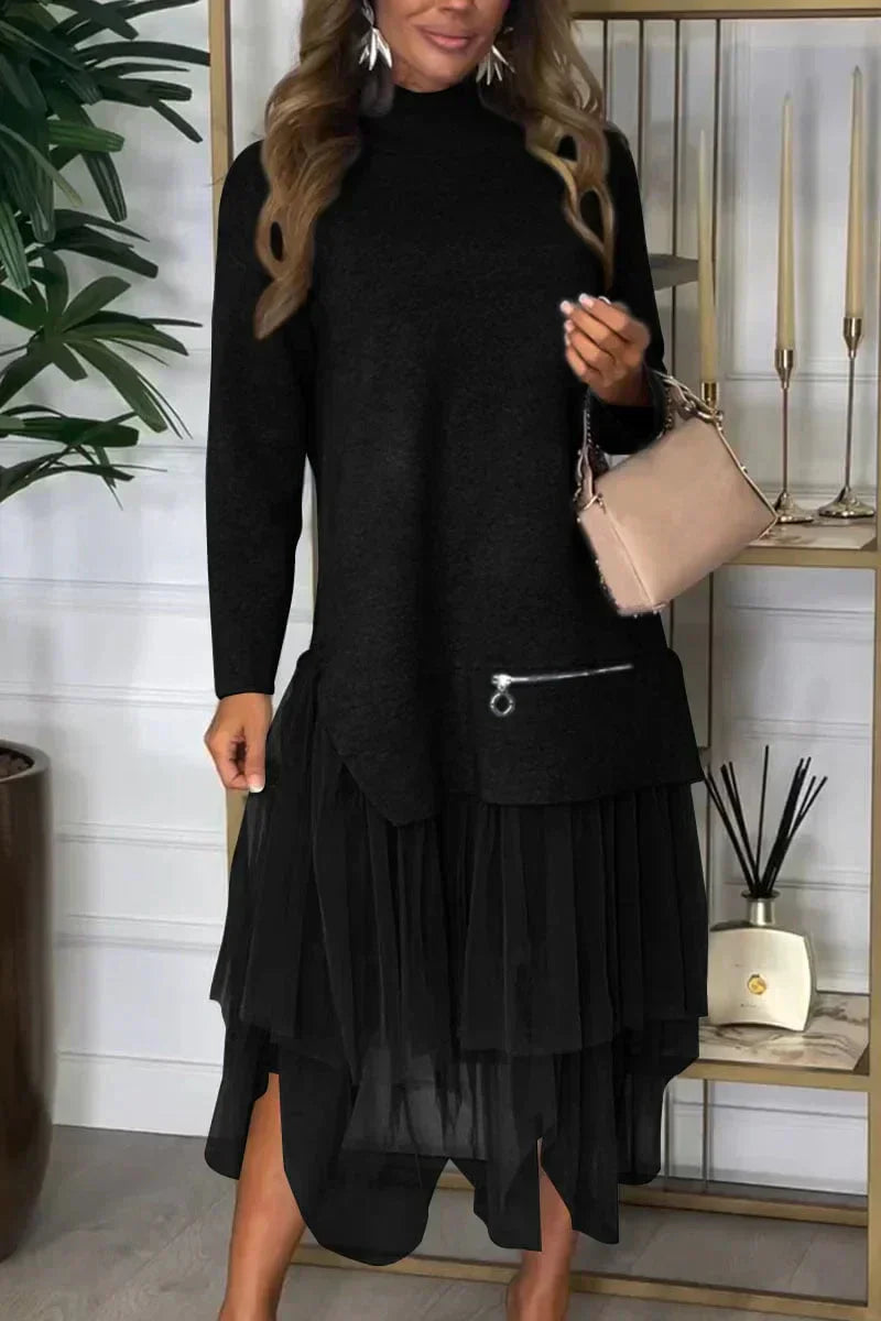 Flavienne | Casual damesjurk met lange mouwen en fijnmazige rok - herfstmode effen kleur Midaxi