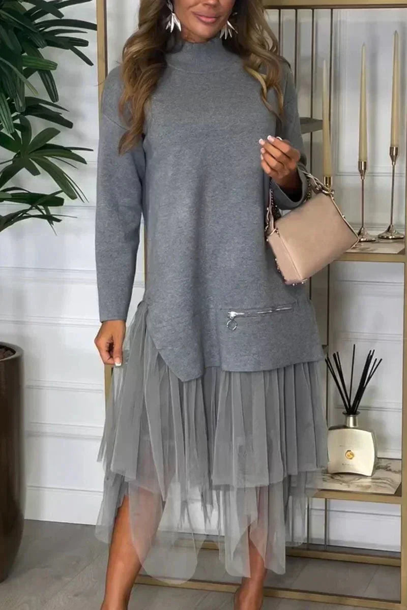 Flavienne | Casual damesjurk met lange mouwen en fijnmazige rok - herfstmode effen kleur Midaxi
