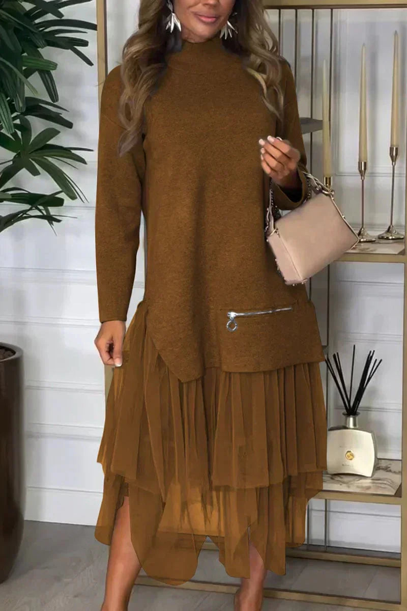 Flavienne | Casual damesjurk met lange mouwen en fijnmazige rok - herfstmode effen kleur Midaxi