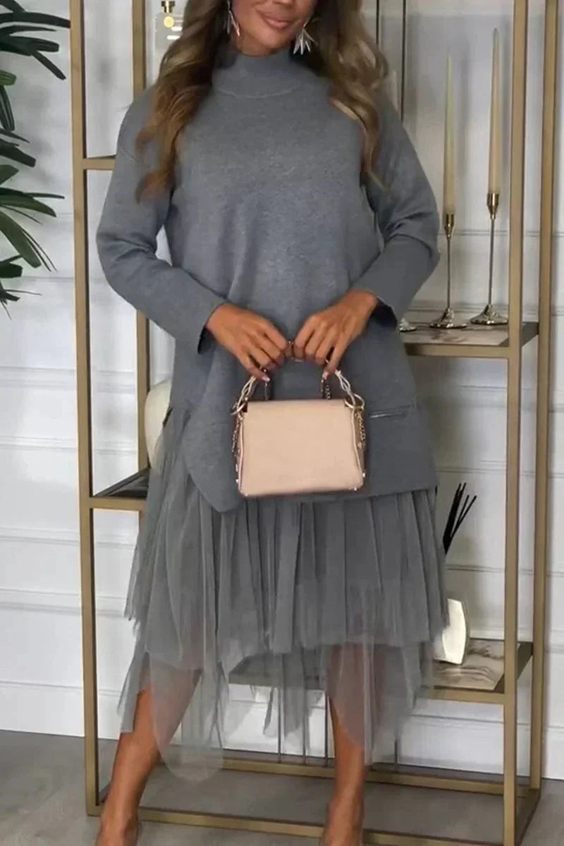 Flavienne | Casual damesjurk met lange mouwen en fijnmazige rok - herfstmode effen kleur Midaxi