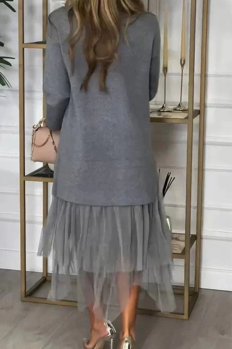 Flavienne | Casual damesjurk met lange mouwen en fijnmazige rok - herfstmode effen kleur Midaxi