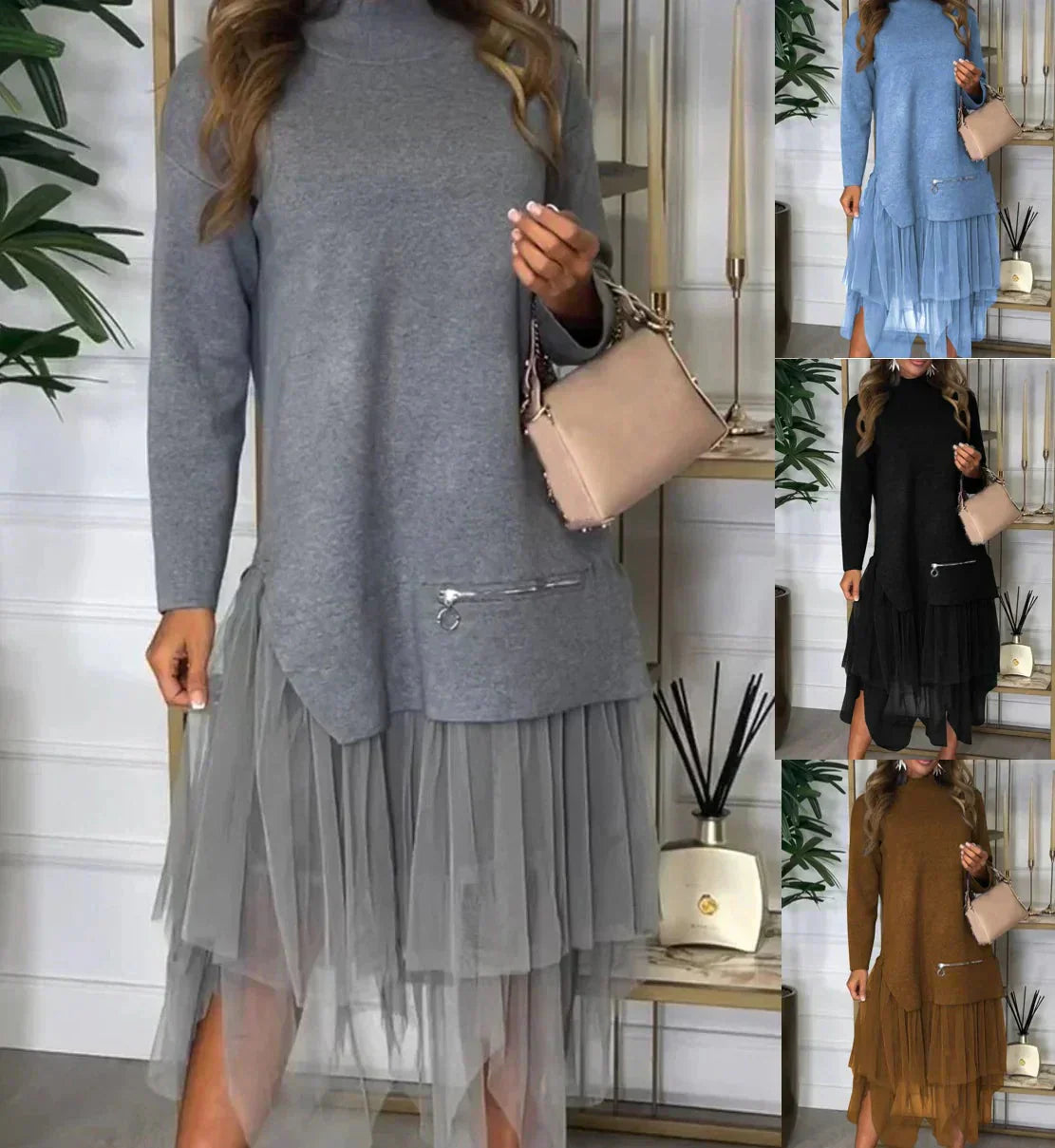Flavienne | Casual damesjurk met lange mouwen en fijnmazige rok - herfstmode effen kleur Midaxi