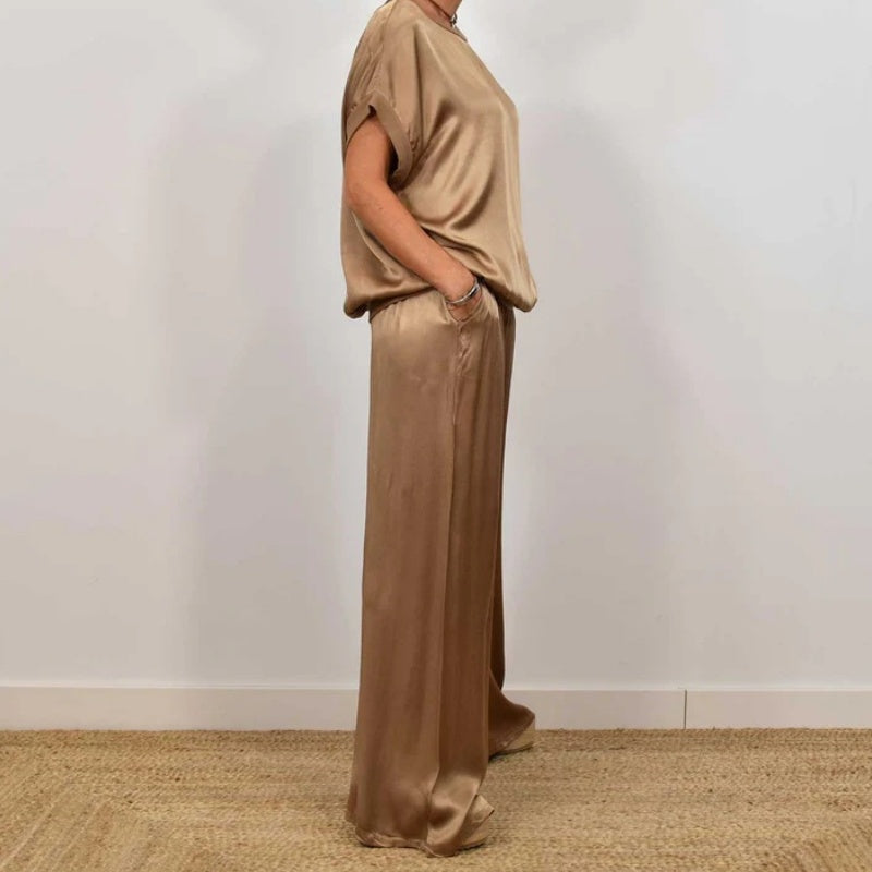 Zaki | Satijnen tweedelige set voor dames - elegante zomerse loungekleding