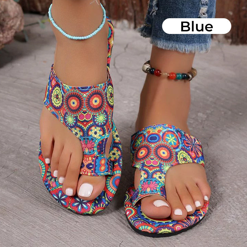 Ethniq | Flat Sandalen met Teenlus en Kleurrijke Print voor dames - Etnisch Festival Schoeisel
