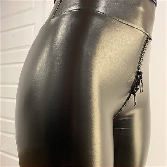 Kaerisse | Slim Fit damesbroek van imitatieleer - hoge taille, dikke rits, smalle pijpen, stretch comfort