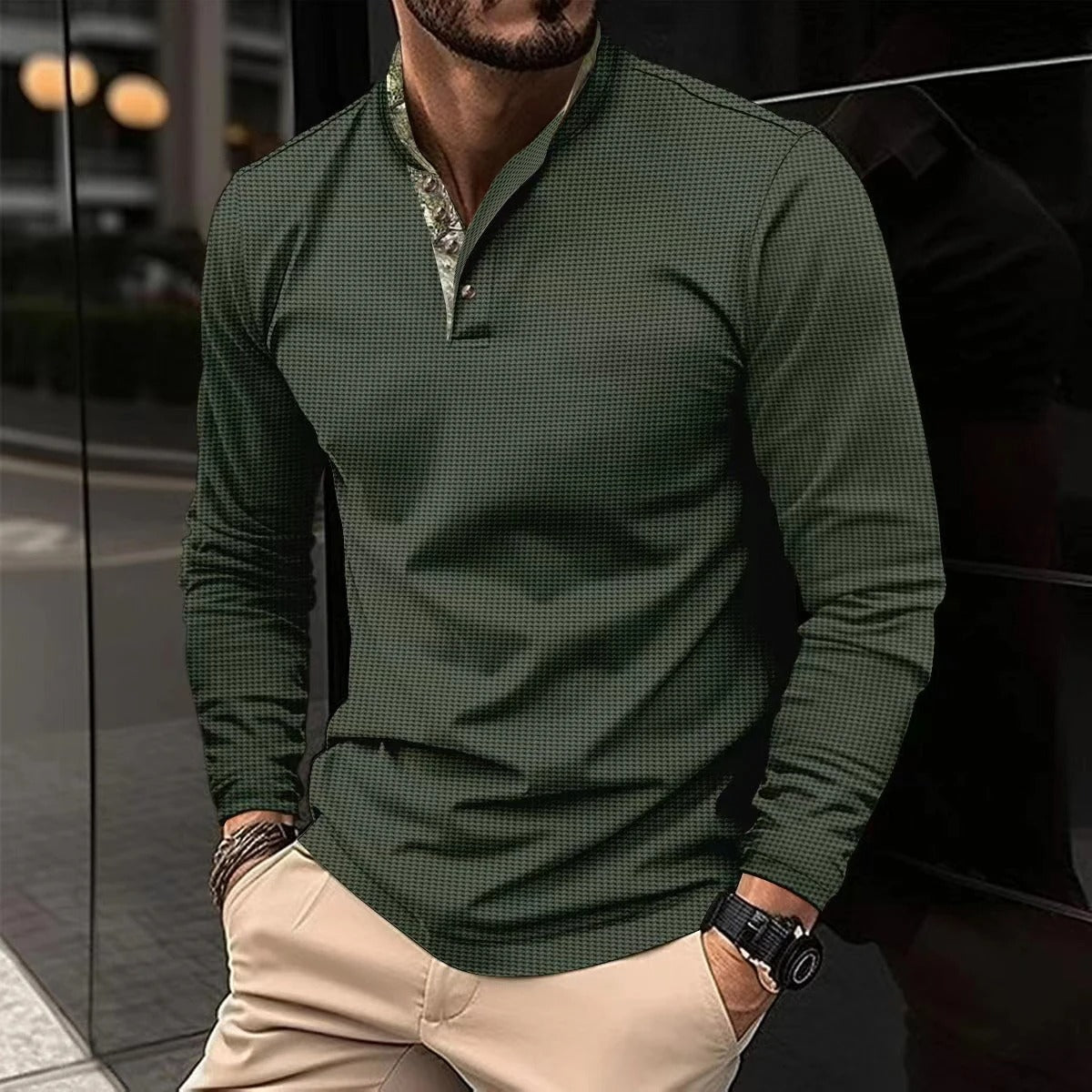 Volkmar | Herenpolo met lange mouwen, katoenen tricot, herfstcasual top met gekleurde kraag