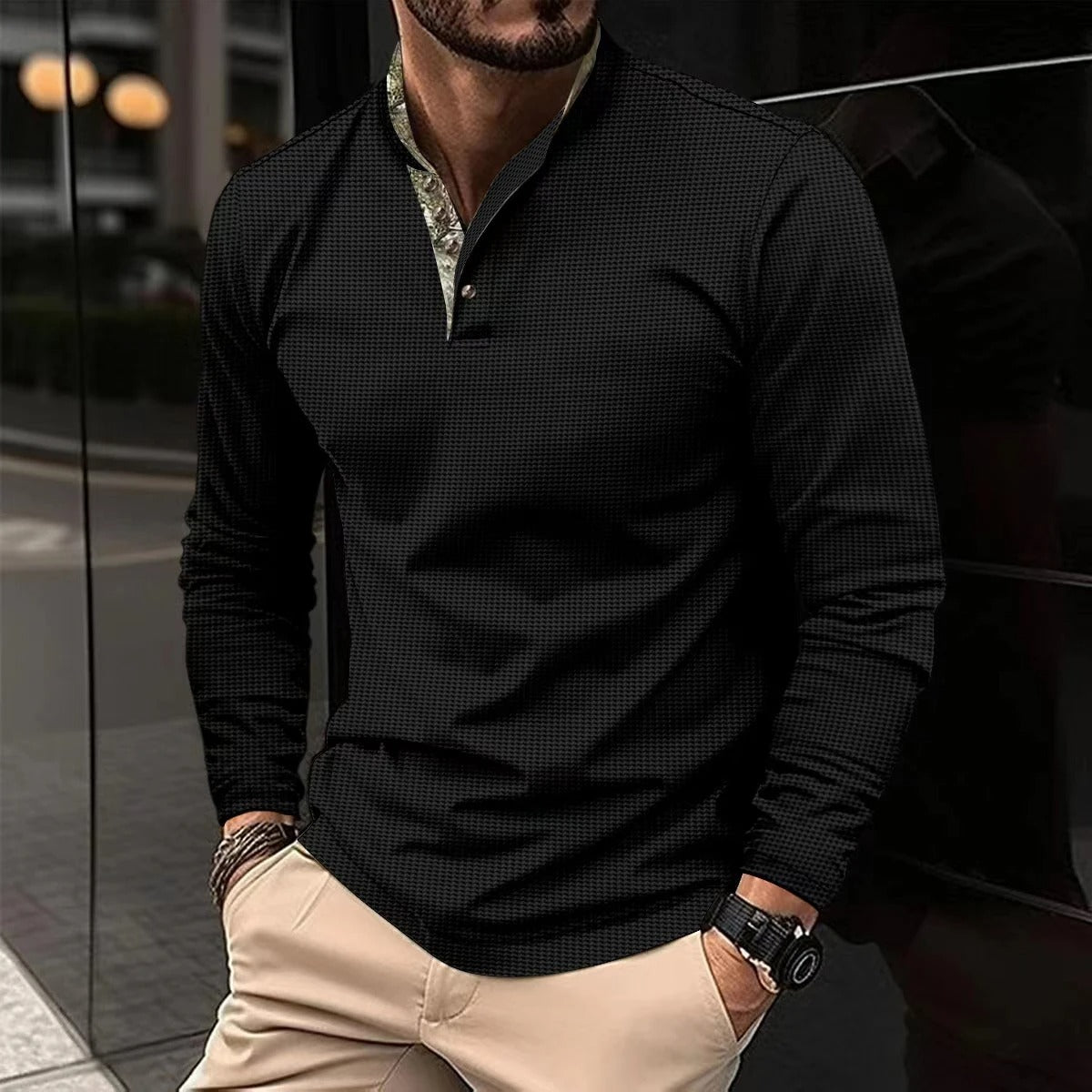 Volkmar | Herenpolo met lange mouwen, katoenen tricot, herfstcasual top met gekleurde kraag