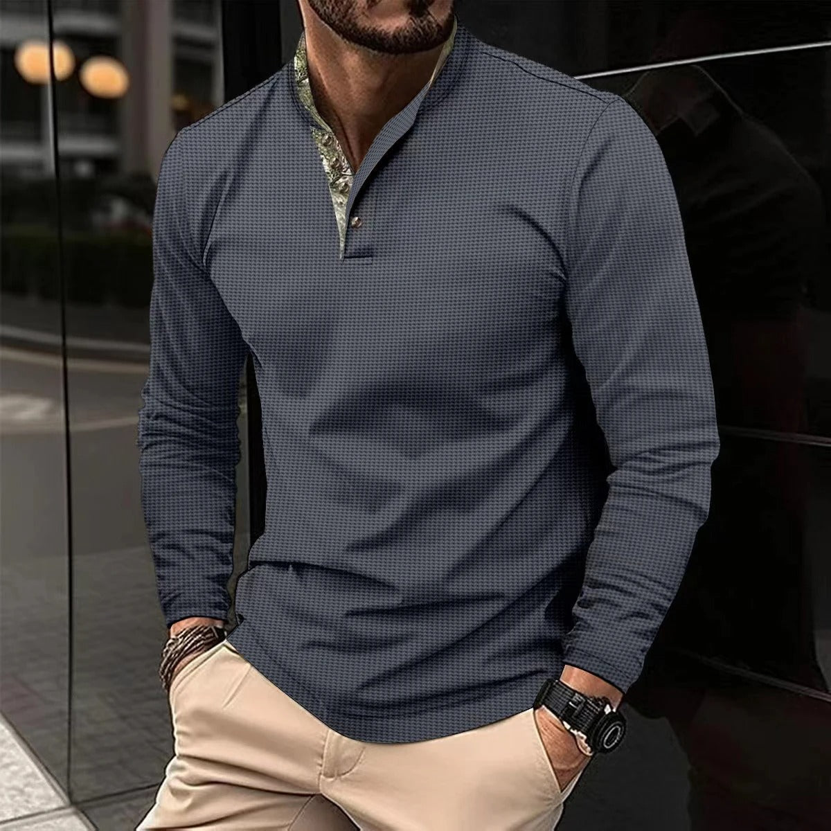 Volkmar | Herenpolo met lange mouwen, katoenen tricot, herfstcasual top met gekleurde kraag