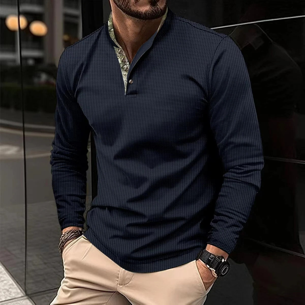 Volkmar | Herenpolo met lange mouwen, katoenen tricot, herfstcasual top met gekleurde kraag
