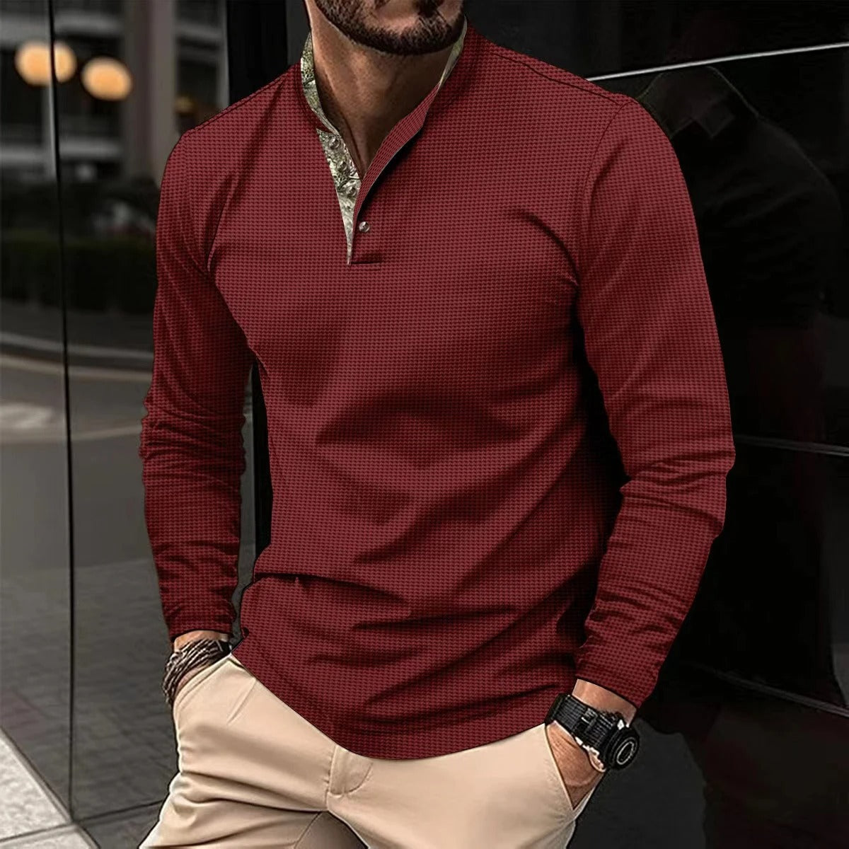 Volkmar | Herenpolo met lange mouwen, katoenen tricot, herfstcasual top met gekleurde kraag
