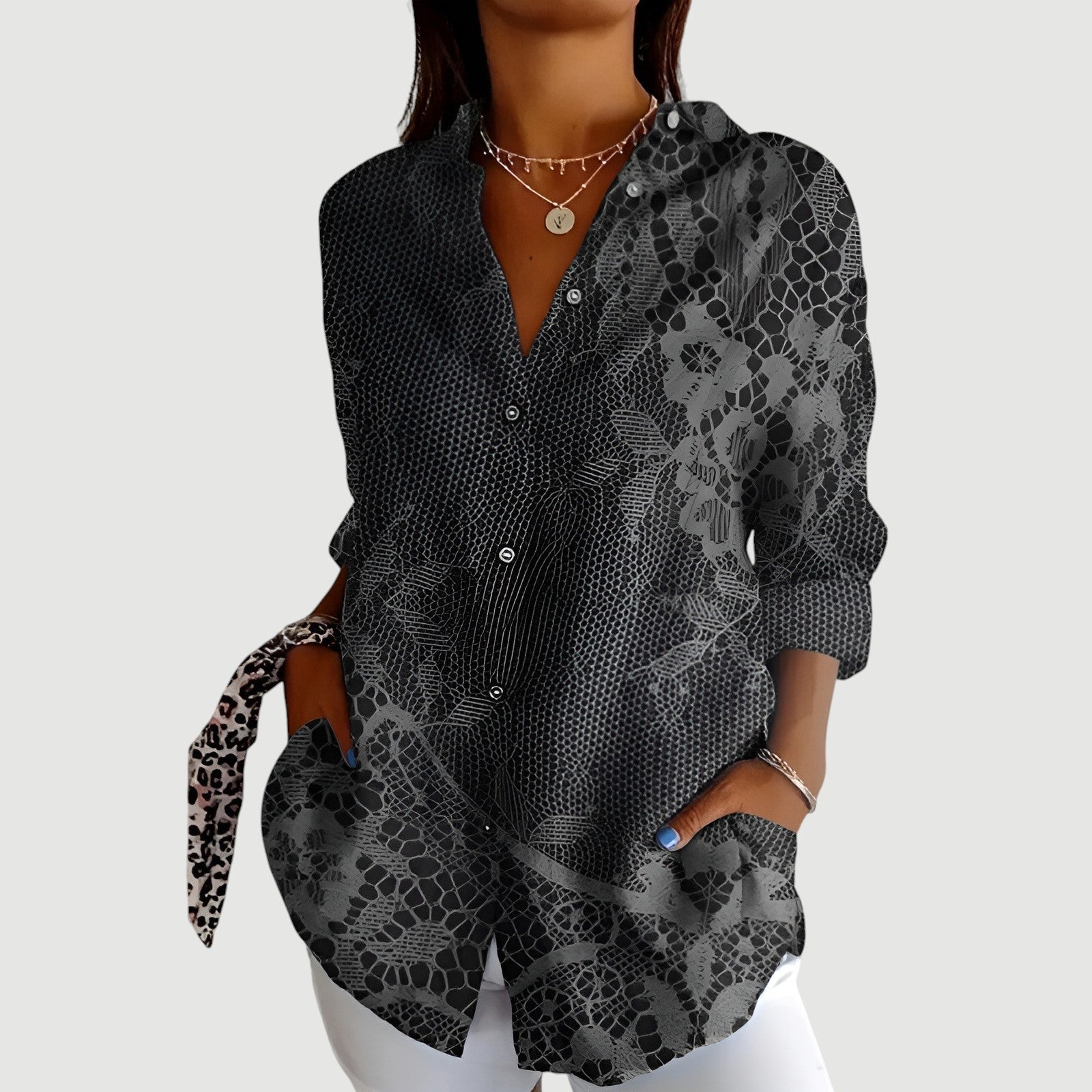 Yserra | Elegante bloemenprintblouse – lange mouwen, grijs en zwart, casual en zakelijke top voor dames