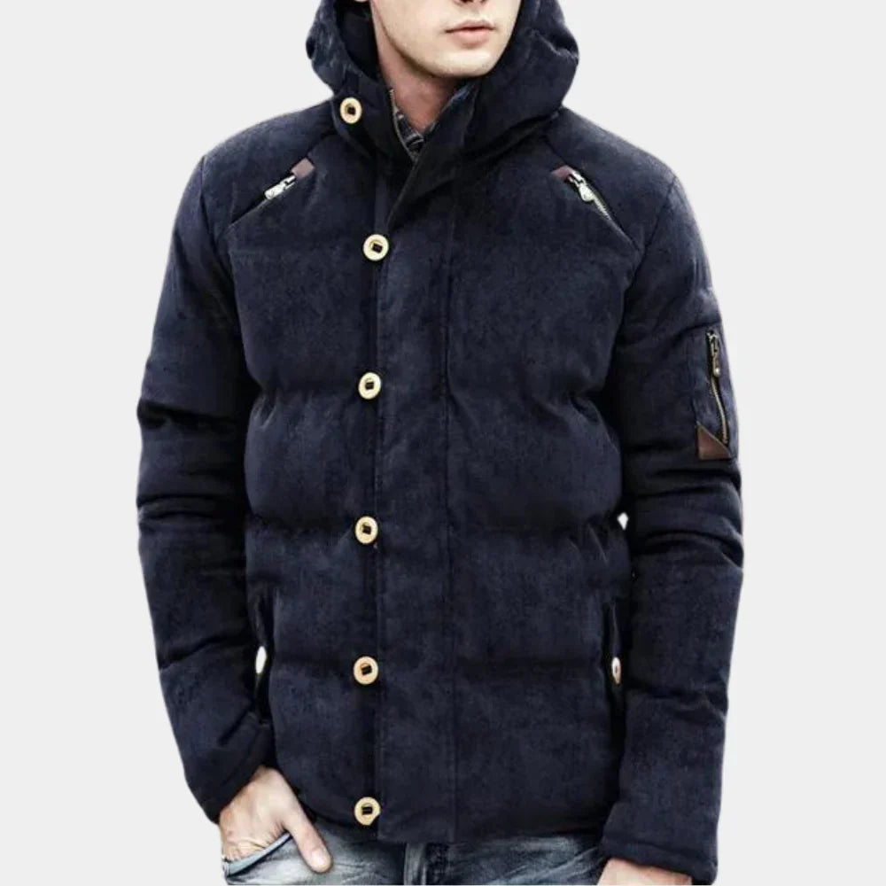Hadron | Dikke gewatteerde herenjas met capuchon - warme parka in suède-look, geïsoleerde winterjas