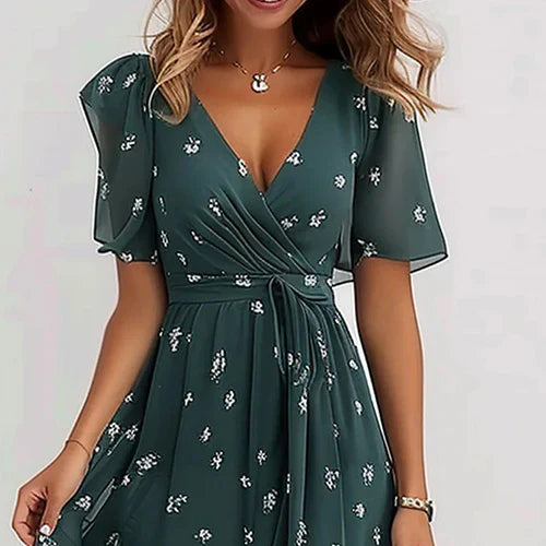 Katleen | Bedrukte chiffon midi-jurk met V-hals - Elegante en stijlvolle damesjurk